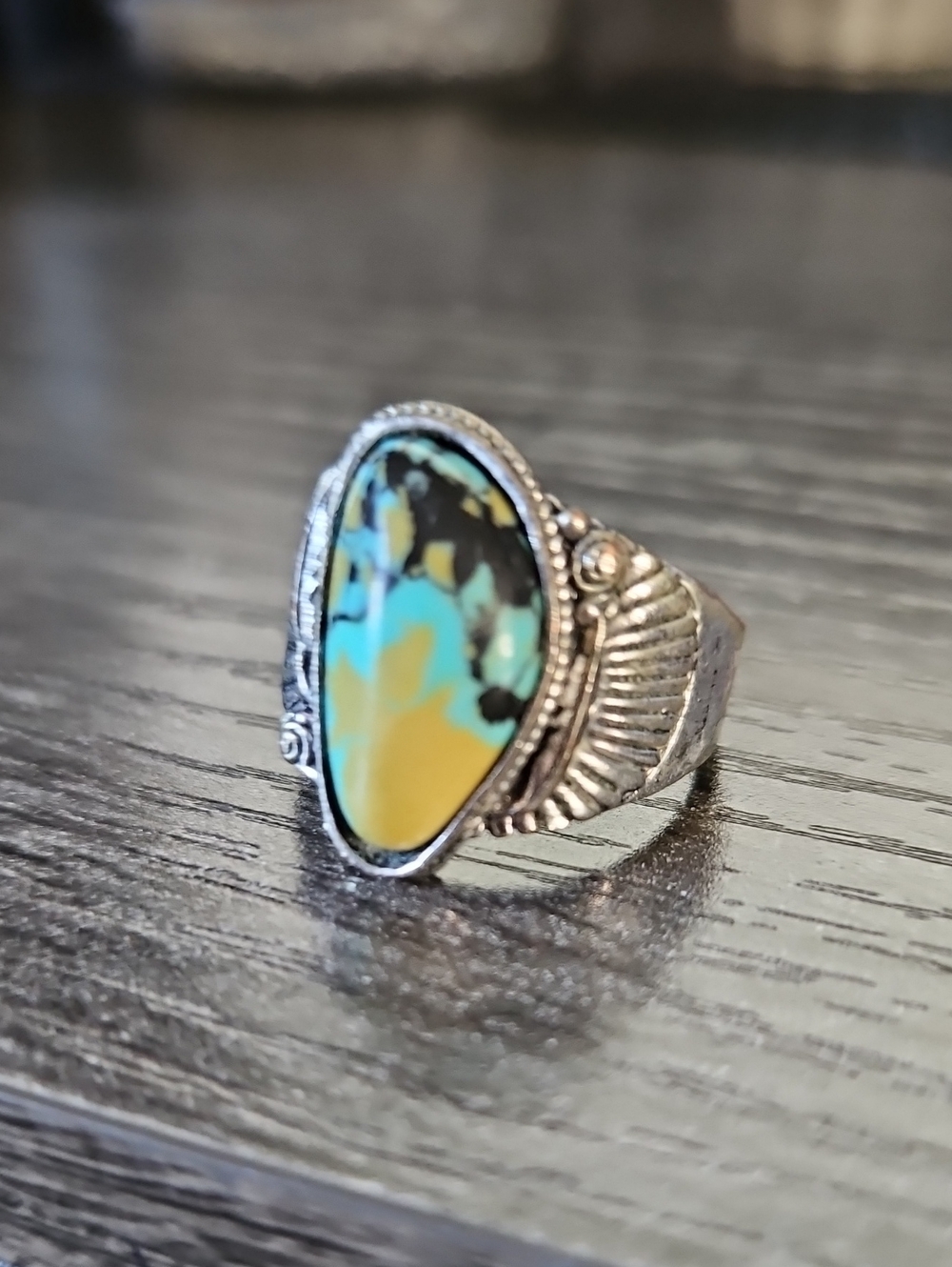 Boho Silver Ring with Turquoise & Yellow Natural CALSILICA Stone